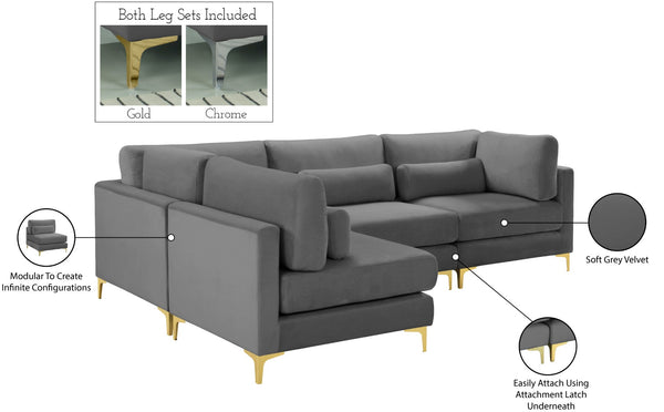 Julia Velvet / Engineered Wood / Metal / Foam Contemporary Grey Velvet Modular Sectional (4 Boxes) - 108.5" W x 71" D x 33" H