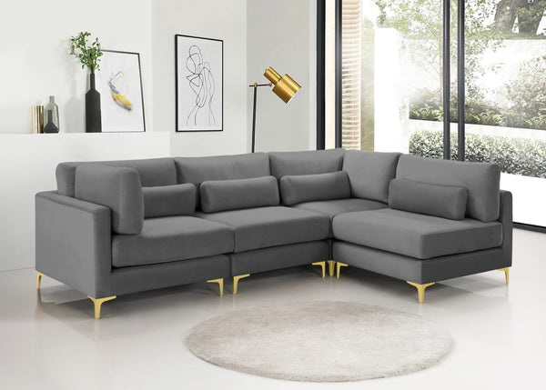 Julia Velvet / Engineered Wood / Metal / Foam Contemporary Grey Velvet Modular Sectional (4 Boxes) - 108.5" W x 71" D x 33" H