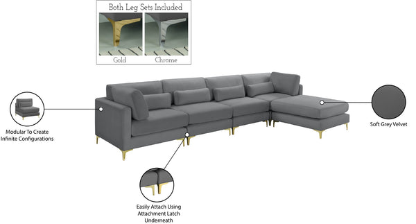 Julia Velvet / Engineered Wood / Metal / Foam Contemporary Grey Velvet Modular Sectional (5 Boxes) - 142" W x 77" D x 33" H