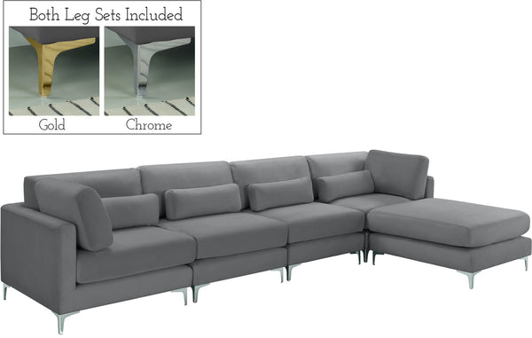 Julia Velvet / Engineered Wood / Metal / Foam Contemporary Grey Velvet Modular Sectional (5 Boxes) - 142" W x 77" D x 33" H