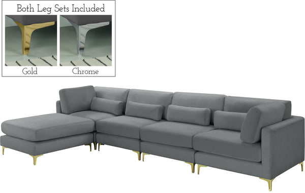 Julia Velvet / Engineered Wood / Metal / Foam Contemporary Grey Velvet Modular Sectional (5 Boxes) - 142" W x 77" D x 33" H