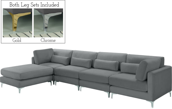 Julia Velvet / Engineered Wood / Metal / Foam Contemporary Grey Velvet Modular Sectional (5 Boxes) - 142" W x 77" D x 33" H