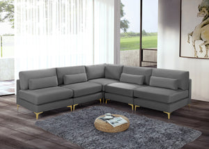 Julia Velvet / Engineered Wood / Metal / Foam Contemporary Grey Velvet Modular Sectional (5 Boxes) - 104.5" W x 112.5" D x 33" H