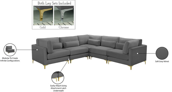 Julia Velvet / Engineered Wood / Metal / Foam Contemporary Grey Velvet Modular Sectional (5 Boxes) - 108.5" W x 112.5" D x 33" H