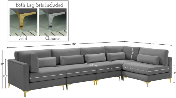 Julia Velvet / Engineered Wood / Metal / Foam Contemporary Grey Velvet Modular Sectional (5 Boxes) - 142" W x 71" D x 33" H"