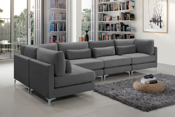 Julia Velvet / Engineered Wood / Metal / Foam Contemporary Grey Velvet Modular Sectional (5 Boxes) - 142" W x 71" D x 33" H"