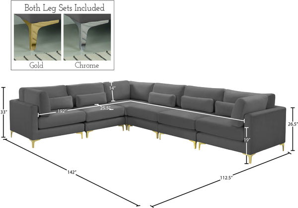 Julia Velvet / Engineered Wood / Metal / Foam Contemporary Grey Velvet Modular Sectional (6 Boxes) - 142" W x 112.5" D x 33" H