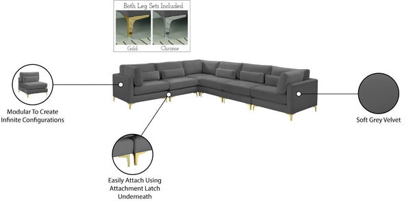 Julia Velvet / Engineered Wood / Metal / Foam Contemporary Grey Velvet Modular Sectional (6 Boxes) - 142" W x 112.5" D x 33" H