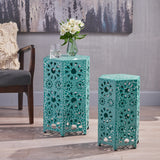 Wanda Indoor 12 Inch and 14 Inch Crackle Teal Sunburst Iron Side Table Set  Noble House