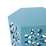 Giselle Indoor 14 Inch Matte Blue Iron Floral Side Table Noble House