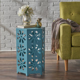 Giselle Indoor 14 Inch Matte Blue Iron Floral Side Table Noble House