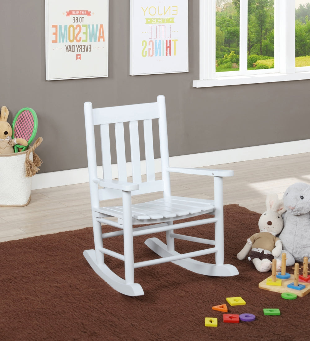 Contemporary Slat Back Youth Rocking Chair - Rustic Acacia Wood, Safe Design for Kids' Comfort