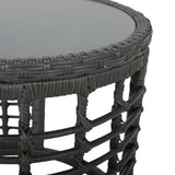 Noble House Tatiana Outdoor Modern Boho Wicker Side Table with Tempered Glass Top, Gray