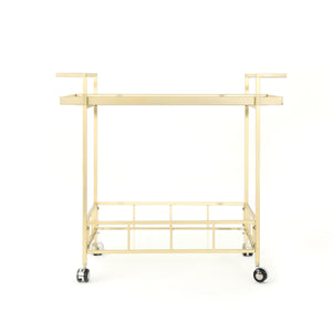Noble House Selby Outdoor Industrial Iron and Glass Bar Cart, Gold 