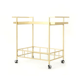 Noble House Selby Outdoor Industrial Iron and Glass Bar Cart, Gold 