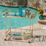 Noble House Selby Outdoor Industrial Iron and Glass Bar Cart, Gold 