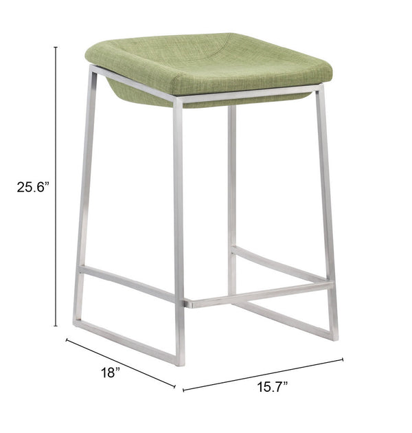 Zuo Modern Lids 100% Polyester, Stainless Steel Modern Commercial Grade Counter Stool Set - Set of 2 Green, Silver 100% Polyester, Stainless Steel