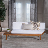 Eulah Indoor Minimalist Sandblast Finished  Acacia Wood Left Sided Sofa with White Cushions