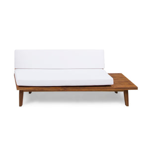 Eulah Indoor Minimalist Sandblast Finished  Acacia Wood Right Sided  Sofa with White Cushions