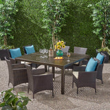 Bragdon Outdoor Aluminum and Wicker 8 Seater Dining Set, Gloss Black and Multibrown Noble House