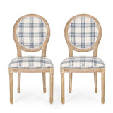 Phinnaeus French Country Fabric Dining Chairs, Dark Blue Plaid and Light Beige Noble House