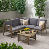 Carolina Outdoor 5 Seater Acacia Wood Sofa Sectional Set, Gray and Dark Gray Noble House