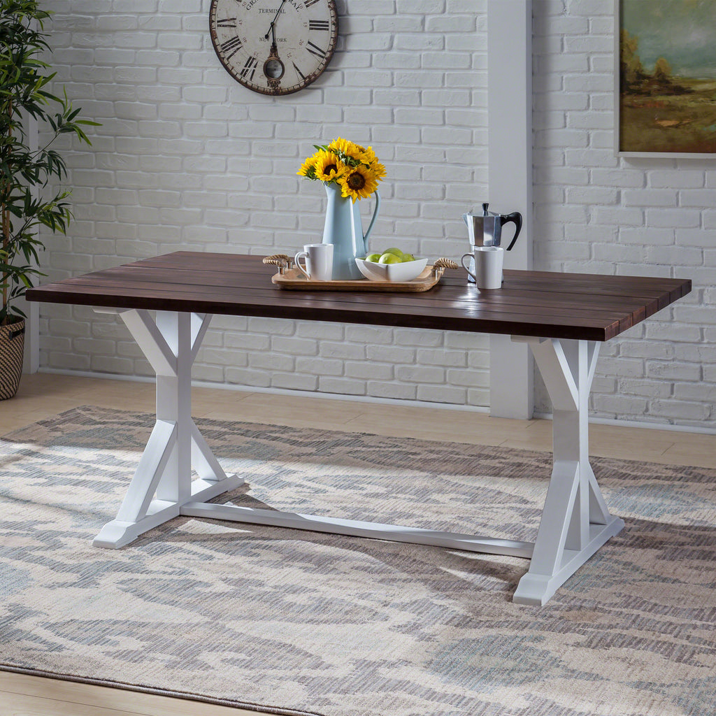 Cassia Rustic Farmhouse Acacia Wood Dining Table, Dark Brown and White Noble House