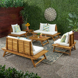 Sedona Outdoor Acacia Wood 6 Seater Chat Set with Side Table and Coffee Table, Teak and White Noble House