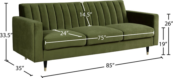 Lola Velvet / Engineered Wood / Foam Contemporary Olive Velvet Sofa - 85" W x 35" D x 33.5" H