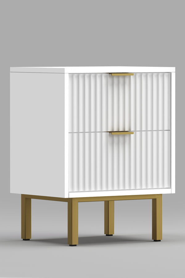 Casey Nightstand - Elegant White Mahogany with Gold Legs, Textured Drawers & Felt-Lined Top Drawer