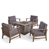 Havana Outdoor 5 Piece Acacia Wood Club Chair and Fire Pit Set, Gray Finish and Gray Noble House