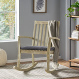 Noble House Daneen Indoor Rocking Chair, Acacia Wood Frame, Traditional, Wire-Brush Light Gray Finish with Dark Gray Cushions