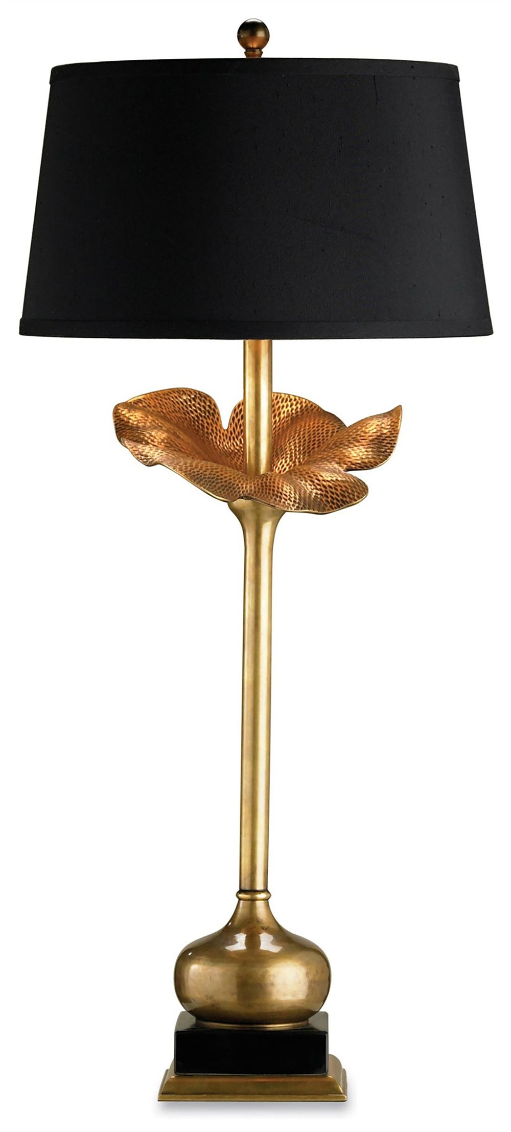 Metamorphosis Table Lamp - Elegant Antique Brass Design with Black Shade & Gold Lining for Style