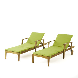 Perla Outdoor Teak Finish Chaise Lounge with Green Water Resistant Cushion Noble House