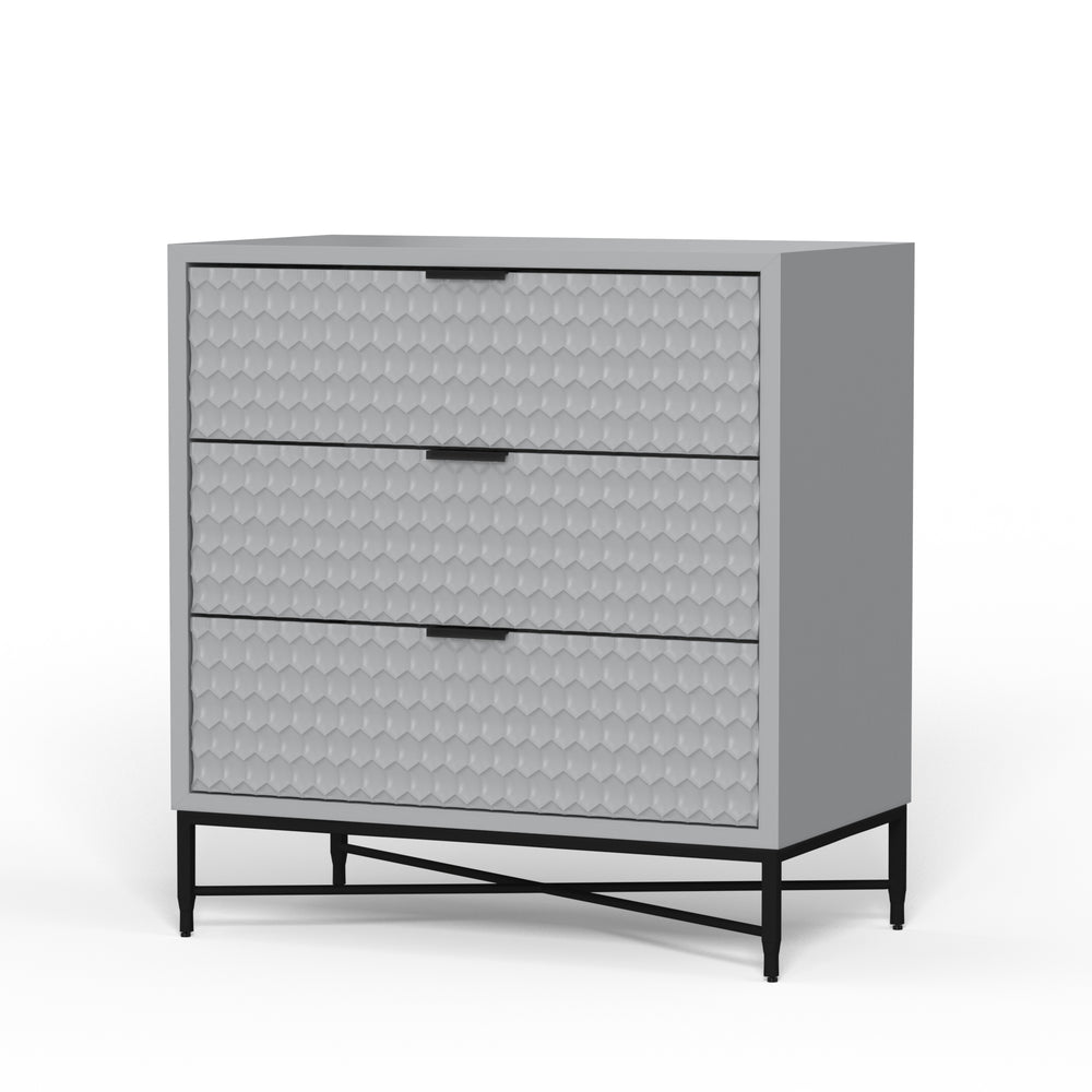 Milo 3-Drawer Chest in Light Slate Grey – Modern Design with Textured Fronts & Metal Base Elegance