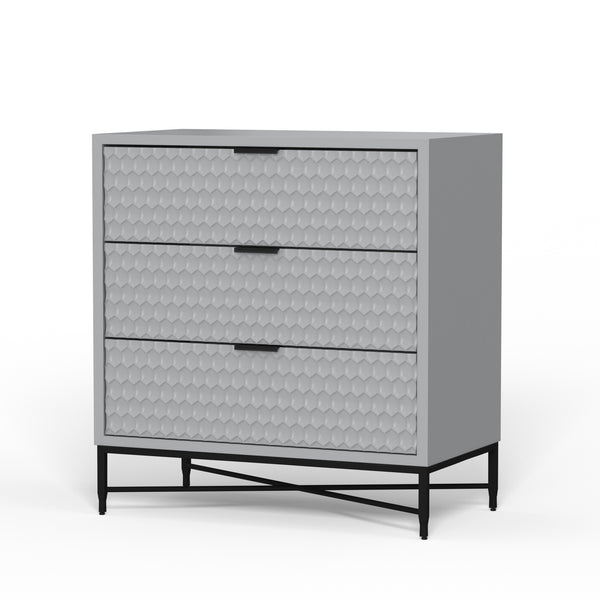 Milo 3-Drawer Chest in Light Slate Grey – Modern Design with Textured Fronts & Metal Base Elegance
