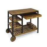 Noble House Admirals Outdoor Acacia Wood Bar Cart with Reversible Drawers and Wine Bottle Holders, Teak Finish