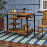 Noble House Admirals Outdoor Acacia Wood Bar Cart with Reversible Drawers and Wine Bottle Holders, Teak Finish