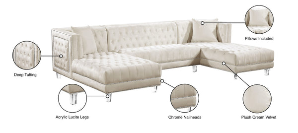 Moda Acrylic Lucite / Velvet / Engineered Wood / Metal / Foam Contemporary Cream Velvet 3pc. Sectional - 127" W x 68.5" D x 31.5" H