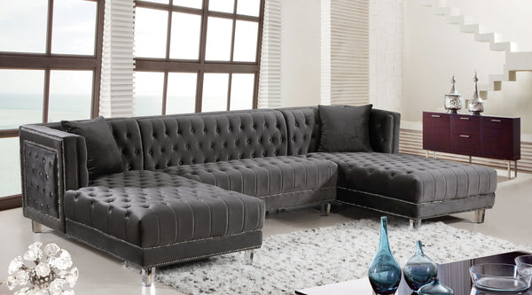 Moda Acrylic Lucite / Velvet / Engineered Wood / Metal / Foam Contemporary Grey Velvet 3pc. Sectional - 127" W x 68.5" D x 31.5" H