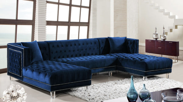 Moda Acrylic Lucite / Velvet / Engineered Wood / Metal / Foam Contemporary Navy Velvet 3pc. Sectional - 127" W x 68.5" D x 31.5" H