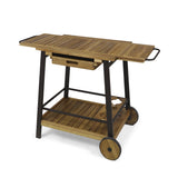 Noble House Spaulding Outdoor Wood and Iron Bar Cart with Tray Top and Bottle Holders, Teak Finish