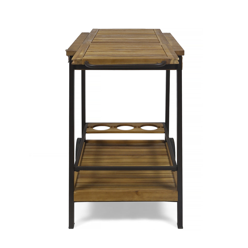 Noble House Spaulding Outdoor Wood and Iron Bar Cart with Tray Top and Bottle Holders, Teak Finish