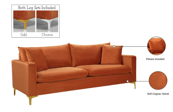 Naomi Velvet / Engineered Wood / Metal / Foam Contemporary Cognac Velvet Sofa - 81.5" W x 33.5" D x 33" H