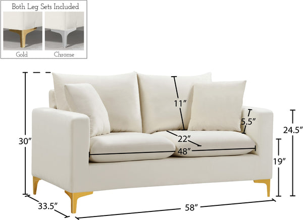 Naomi Velvet / Engineered Wood / Metal / Foam Contemporary Cream Velvet Loveseat - 58" W x 33.5" D x 33" H