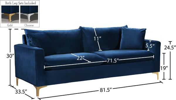 Naomi Velvet / Engineered Wood / Metal / Foam Contemporary Navy Velvet Sofa - 81.5" W x 33.5" D x 33" H