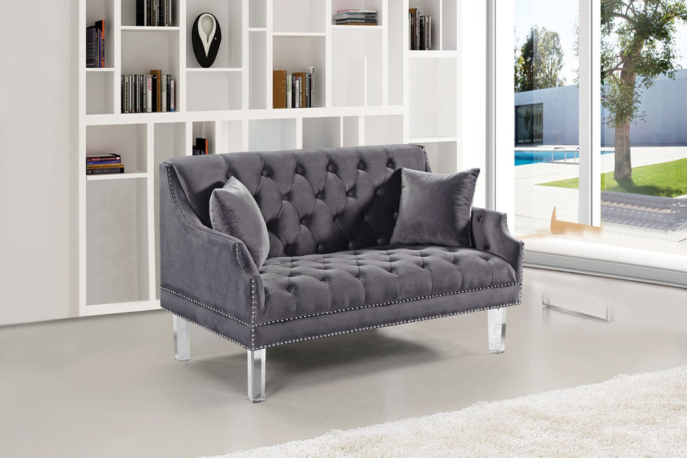 Roxy Acrylic / Velvet / Engineered Wood / Metal / Foam Contemporary Grey Velvet Loveseat - 55.5" W x 32" D x 35" H