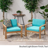 Santa Ana Outdoor Acacia Wood Club Chairs with Cushions, Brushed Light Brown and Teal Noble House