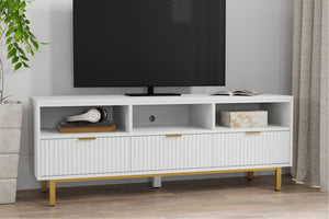 Casey TV Console - Elegant White Mahogany with Gold Accents, Fully Assembled, Stylish Storage Solution