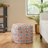 Cyril Handcrafted Boho Fabric Cube Pouf, Multi-Colored Noble House